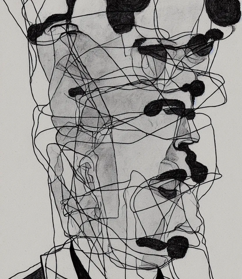 Image similar to elegant ultrafine line art portrait of german philosopher frierich nietzsche, inspired by egon schiele. contour lines, musicality, twirls and curves, strong personality, minimalism