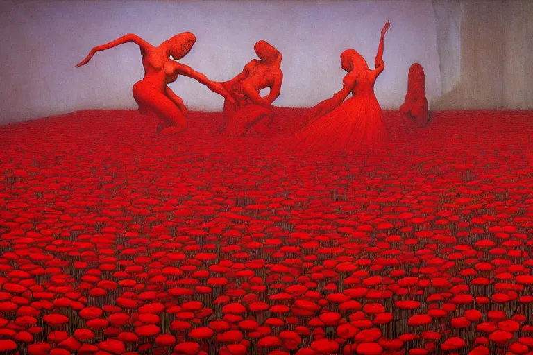 Image similar to only with red, a red expanse of flowers of different types, castle, goblins dance over the flowers in the style of beksinski, parts by edward hopper, parts by rodcenko, parts by yue minjun, intricate and epic composition, red by caravaggio, insanely quality, highly detailed, masterpiece, red light, artstation, 4 k