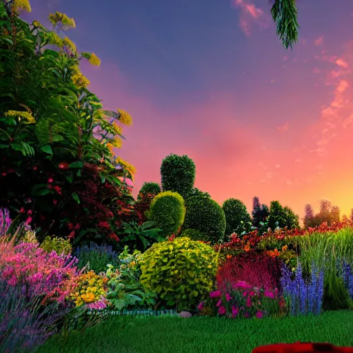 Image similar to A beautiful garden, with a variety of colorful flowers and lush green plants, set against a backdrop of a stunning sunset, trending on artstation, artstationHD, artstationHQ, photorealistic imagery, 3D art, 4k, 8k