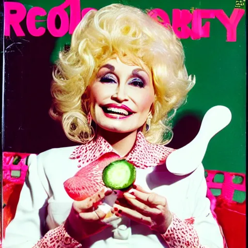 Image similar to dolly parton eating a radish while holding a flamingo croquet stick, cover of 1 9 6 0 cosmo magazine, 4 k photorealistic, cinematic