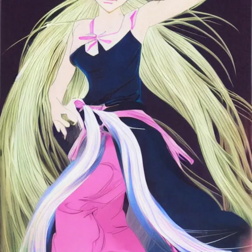 Image similar to A girl with long white hair is dancing, her hair is very flowing by yoneyama mai