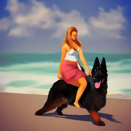 Image similar to girl riding a giant German shepherd at the beach, trending on artstation