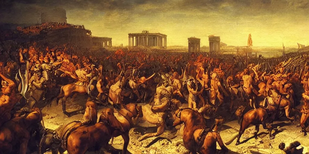 Image similar to Hannibal with his legions in front of Rome, epic lighting, amazing details, beautiful view, oil painting