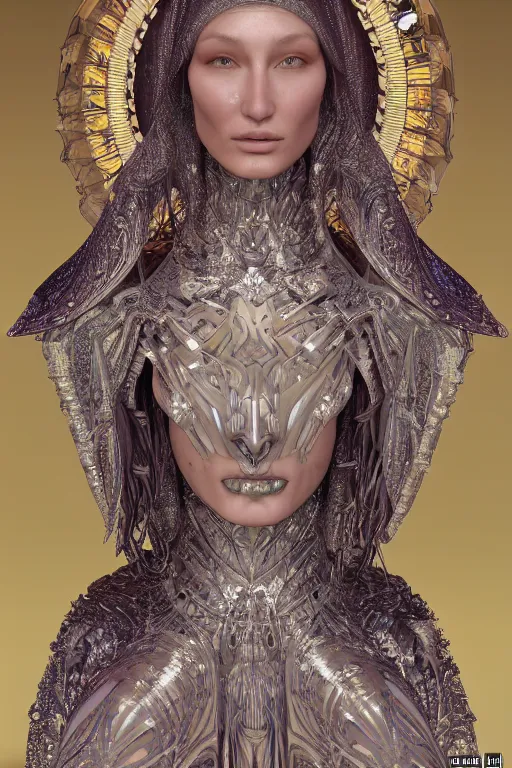 Prompt: a highly detailed portrait of a beautiful ancient alien techno woman goddess bella hadid in iris van herpen dress in diamonds and fractals in style of alphonse mucha art nuvo dmt trending on artstation made in unreal engine 4