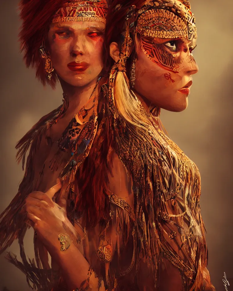 Prompt: redhead woman wearing tribal clothing, dramatic lighting, sakimichan, concept art, 4 k