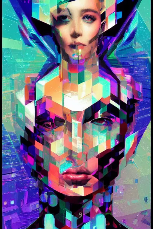 Image similar to wideangle portrait, digital painting, an beautiful, sleeping hacker girl, cybernetic, madness, decoherence, synthwave, glitch!!, fractured reality, glitter, realistic, hyperdetailed, concept art, art by syd mead, cubism