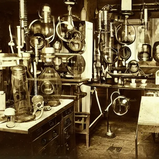 Prompt: and old victorian laboratory with lots of medical instruments, human heads in jars, one head is alive and looking at the camera