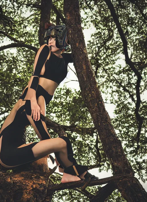 Prompt: woman wearing low - poly carbon fiber armor sitting on a tree branch, magazine photo, 5 0 mm