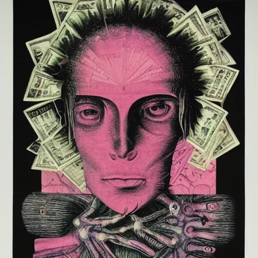 Image similar to post - punk new age album cover, asymmetrical design, frame of a dollar bank notes, capitalism, magic, apocalypse, psychedelic, black white pink, magic, giger h. r., giuseppe arcimboldo