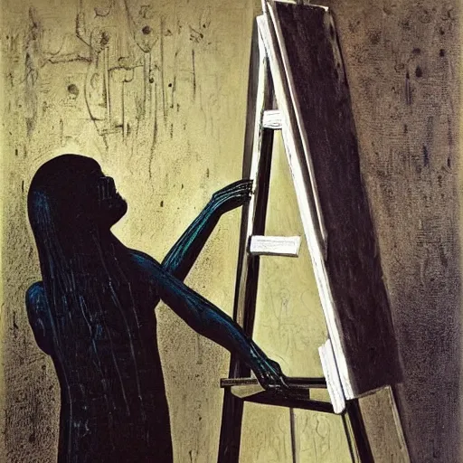 Prompt: a painter at his easel crying in despair, painting by HR Giger