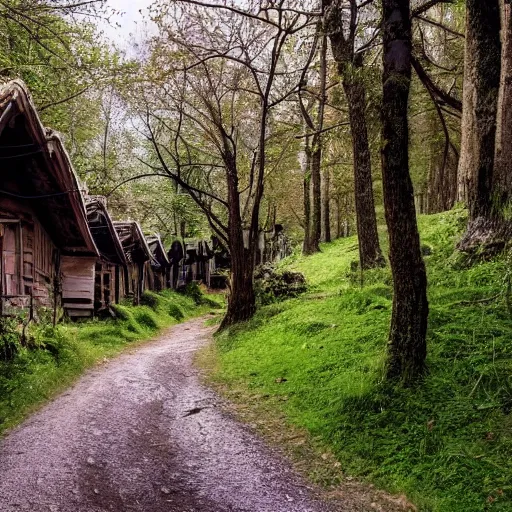 Prompt: a photo of a narrow valley with village of wooden houses on either side and treehouses, pathway running through, atmospheric, beautiful, natural