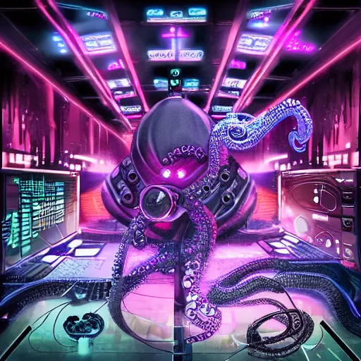 Image similar to cyberpunk octopus with headphones playing synthesizers, lights, lasers, music, highly detailed, realistic,