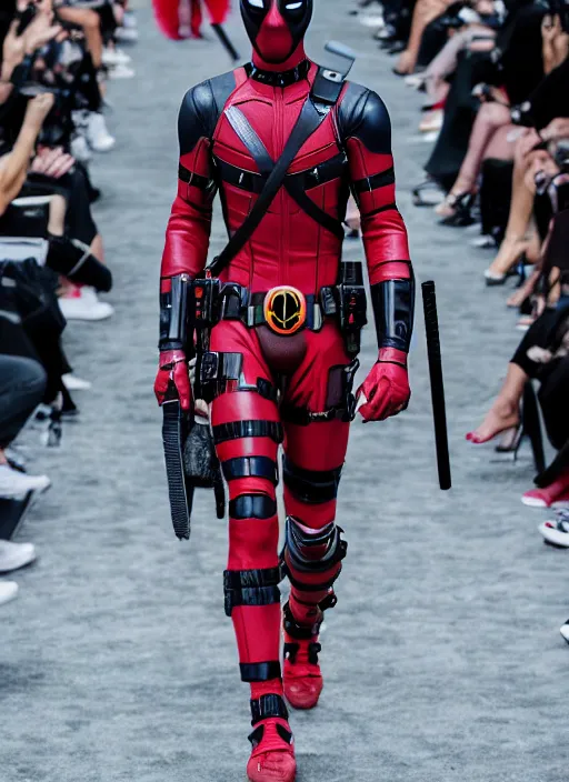 Image similar to hyperrealistic and heavy detailed balenciaga runway show of deadpool, leica sl 2 5 0 mm, vivid color, high quality, high textured, real life