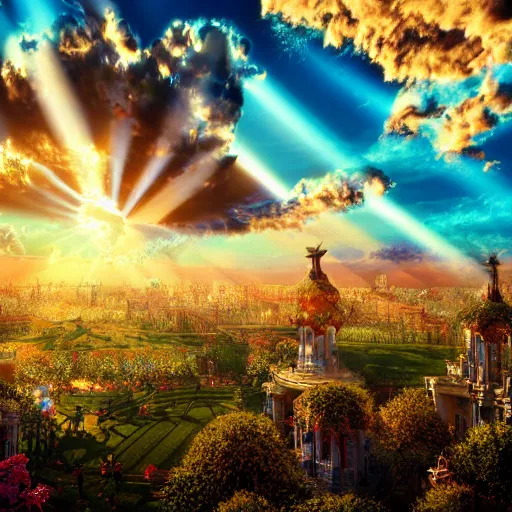 Image similar to Ornate Empire in the clouds heavenly beautiful sun light holographic iridescent dream 8k Depth of field Render HDR