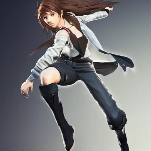 Image similar to a brown haired girl in a dynamic pose. character design. gesture drawing. line of action. official art, concept art. tetsuya nomura. final fantasy. shigenori soejima medium shot. ray tracing hdr. 8 k. uhd. sharp focus. highly detailed. masterpiece. cinematic lighting..