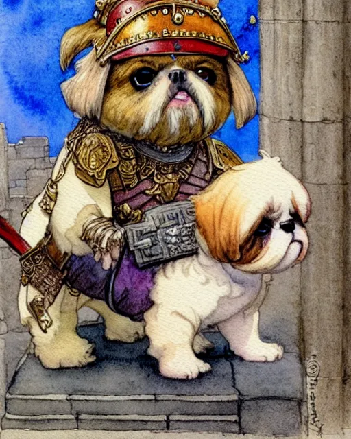 Image similar to a realistic and atmospheric watercolour fantasy character concept art portrait of a fat adorable chibi shih tzu puppy roman centurion in a roman temple, by rebecca guay, michael kaluta, charles vess and jean moebius giraud