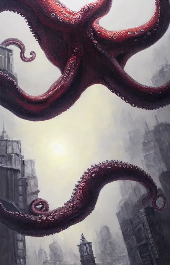 Image similar to a giant octopus monster moving through a foggy and dim city, extremely detailed!!! oil painting, dull palette