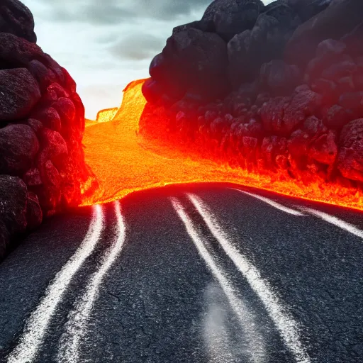 Image similar to lava coming out of cracks in the street, people running, cinematic, photorealistic