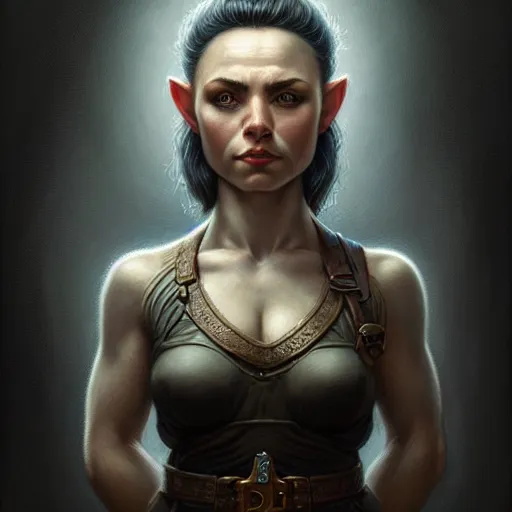 Prompt: portrait of a beautiful cute strong brave realistic female gnome engineer, shaved undercut black hair, d & d, micro detail, intricate, elegant, highly detailed, centered, rule of thirds, artstation, sharp focus, illustration, artgerm, tomasz alen kopera, donato giancola, wlop