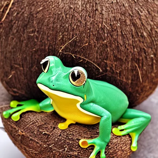 Prompt: frog wearing a coconut