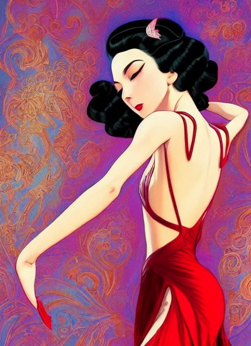 Image similar to a beautiful dancer with black hair in 1930's fashion, ballroom background, intricate, highly detailed, digital painting, artstation, official media, anime key visual, concept art, rich vivid colors, ambient lighting, sharp focus, illustration, art by Artgerm, Makoto Shinkai, Ilya Kuvshinov, Lois Van Baarle, and Rossdraws