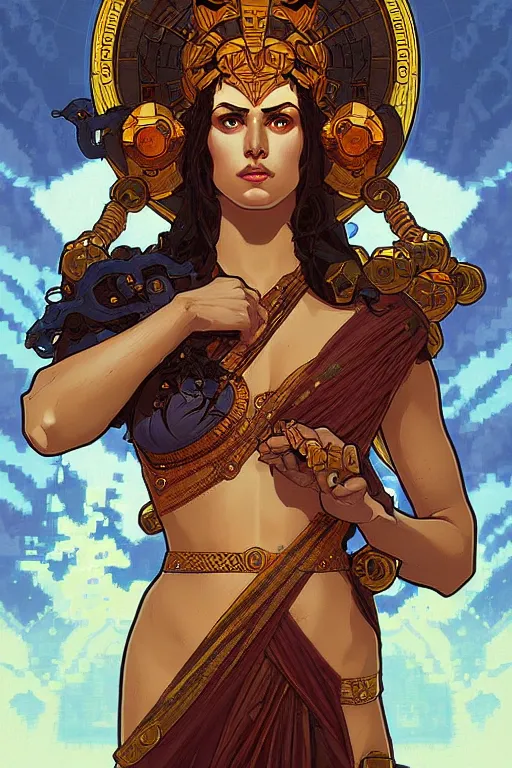 Image similar to pixel art of the Greek godess Hera looking angry, rusty armor, portrait, beautiful face, symmetric face, by Artgerm and Greg Rutkowski and Alphonse Mucha