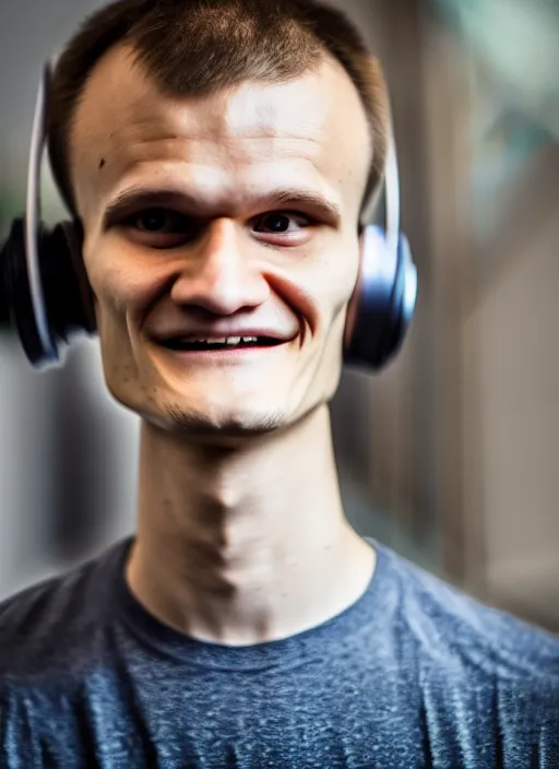 Image similar to beautiful smiling face, perfect symmetric face, coherent eyes, medium shot. vitalik buterin in headphones. vitalik buterin, medium shot, pixar style, high detail, very sharp, 4 k