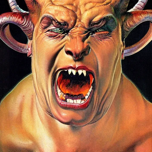 Prompt: upper body portrait a demon with the horns of a ram, by norman rockwell and boris vallejo