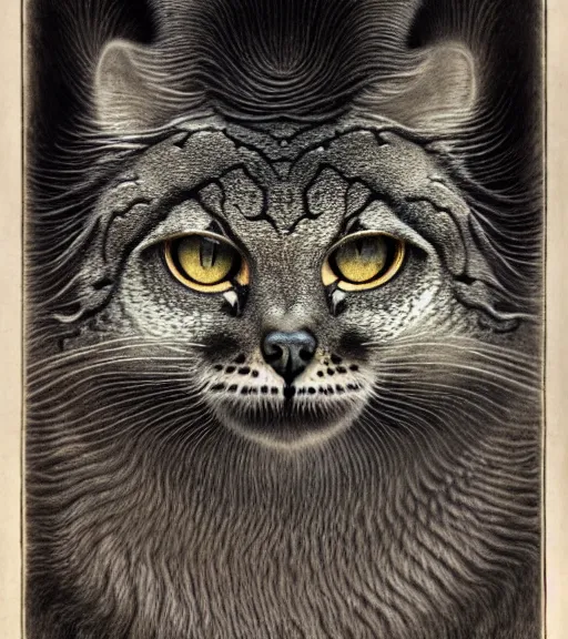 Image similar to detailed realistic beautiful manul portrait by jean delville, gustave dore, iris van herpen and marco mazzoni, art forms of nature by ernst haeckel, art nouveau, symbolist, visionary, gothic, neo - gothic, pre - raphaelite, fractal lace, intricate alien botanicals, ai biodiversity, surreality, hyperdetailed ultrasharp octane render