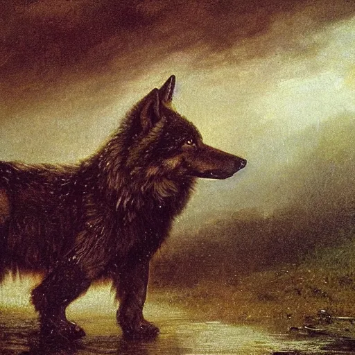 Prompt: a close up, close portrait of a short - fur wolf in the rain, sad, melancholy, by albert bierstadt and robert cleminson