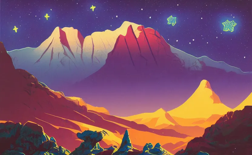 Prompt: mountains, stars and paisley filled sky, artstation, intricate, highly detailed, digital painting, concept art, sharp focus, illustration by Roger Dean and Tom Whalen