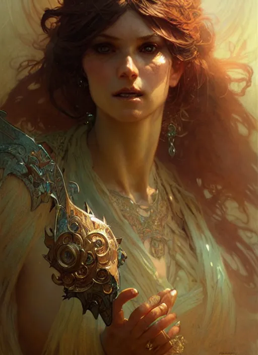 Prompt: woman modestly dressed, fantasy character portrait, ultra realistic, concept art, intricate details, highly detailed by greg rutkowski, gaston bussiere, craig mullins, simon bisley, alphonso mucha