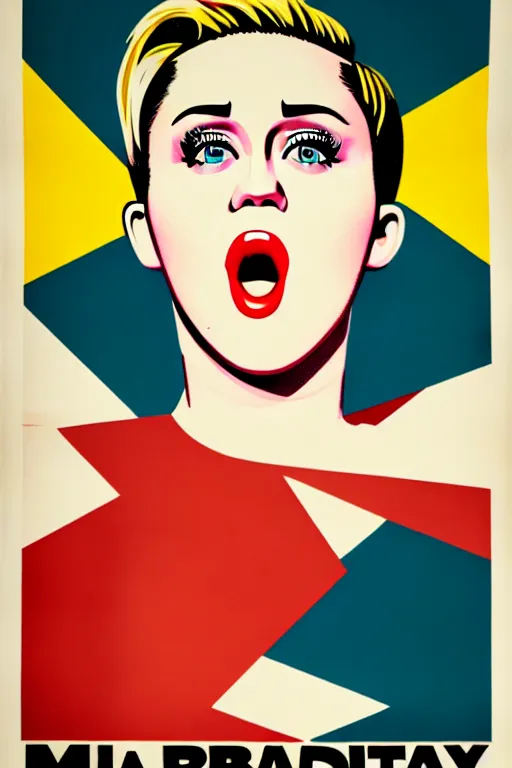 Image similar to propaganda poster, miley cyrus, close up, portrait, shouting