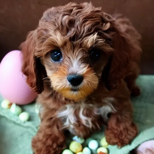 Prompt: brown cavoodle with an egg on its head