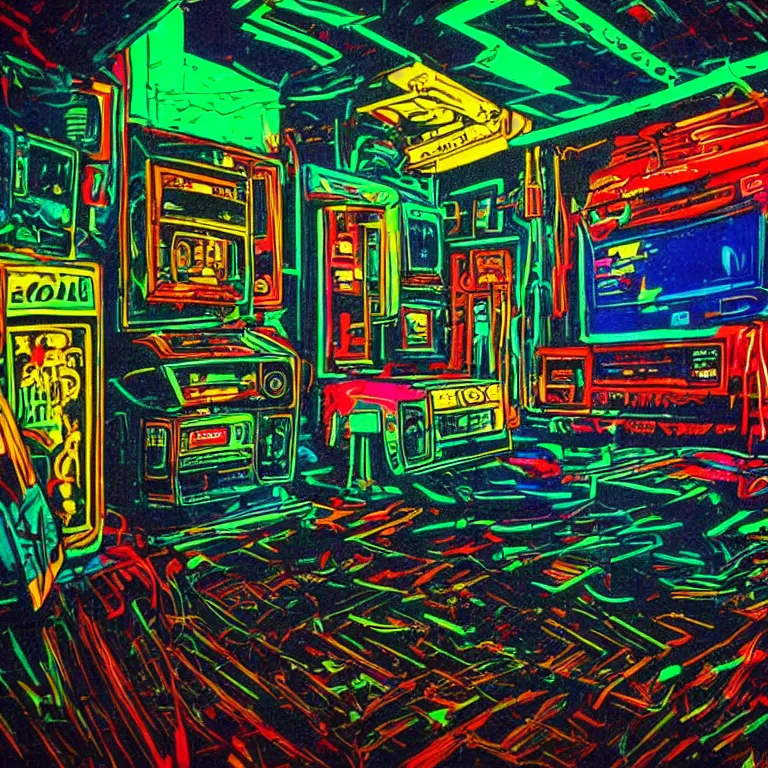 Prompt: old televisions turned on in a dark pool room, wires and VHS tapes hanging from ceiling and walls, obscured hooded person walking, neon colored fluorescent lighting, neon colored haze, vibrant colors, high detail, swampy atmosphere, in the style of liminal space,