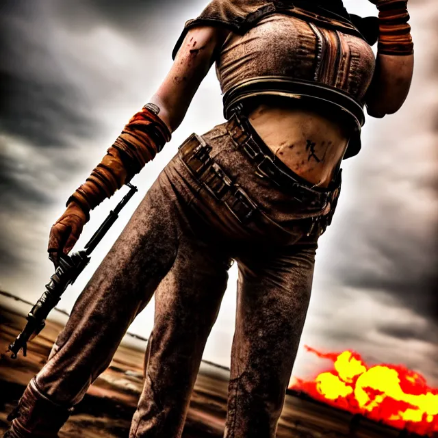 Image similar to full length photo of a very beautiful female atompunk warrior, 8 k, hdr, smooth, sharp focus, high resolution, award - winning photo