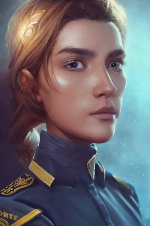 Image similar to beautiful portrait of a female officer wearing a fancy naval uniform, art by wlop and artgerm, science fiction, detailed eyes, blonde hair, space background, trending on artstation, sharp focus, illustration, caustics, octane render, 4 k, radiant light