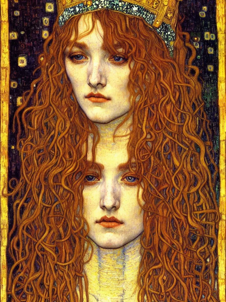 Image similar to detailed realistic beautiful young medieval queen face portrait by jean delville, gustav klimt and vincent van gogh, art nouveau, symbolist, visionary, gothic, pre - raphaelite, muted earthy colors, desaturated