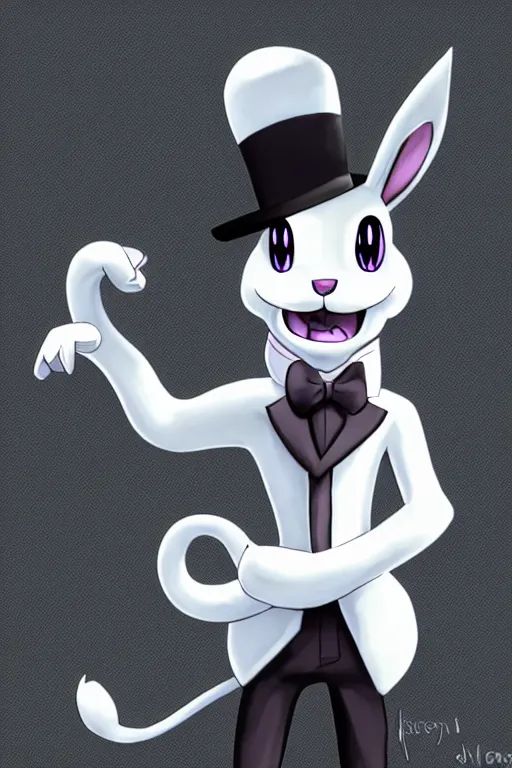 Prompt: mewtwo furry wearing a top hat and suit, highly detailed, digital art, sharp focus, ambient glow, trending on art station, anime art style