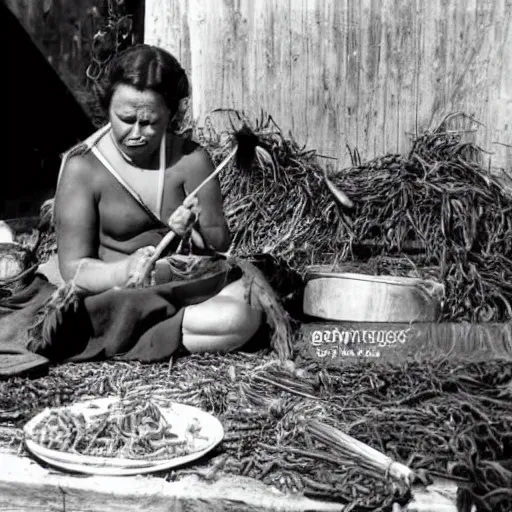 Image similar to a maori woman prepares weta bugs for eating outside her whare in the 1 9 4 0's.