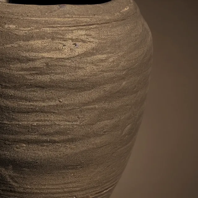 Prompt: a photo of a cylindrical clay jar with two sentences of thamudic, dark, brooding, atmospheric, volume lighting