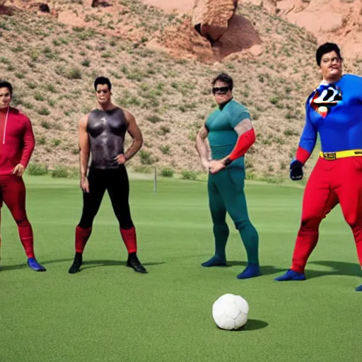 Image similar to supermen and hulk playing soccer together at desert