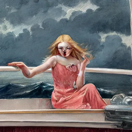 Prompt: Elle Fanning on a boat during a storm, by Norman Rockwell, Extremely detailed. 8K. Award winning.