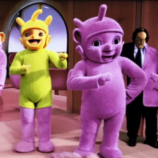 Prompt: teletubbies testifying in court