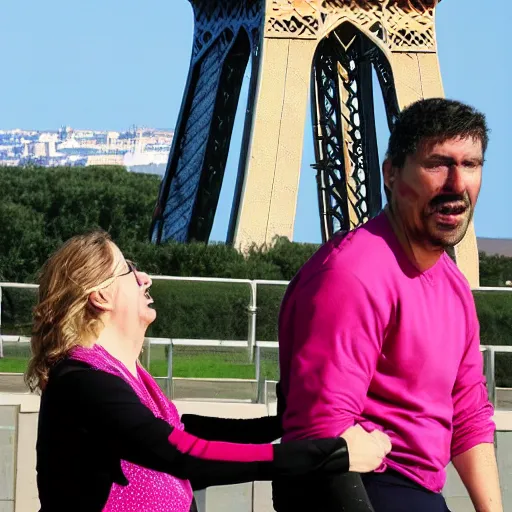 Image similar to a woman slaps a man on the cheek, effeil tower in the background