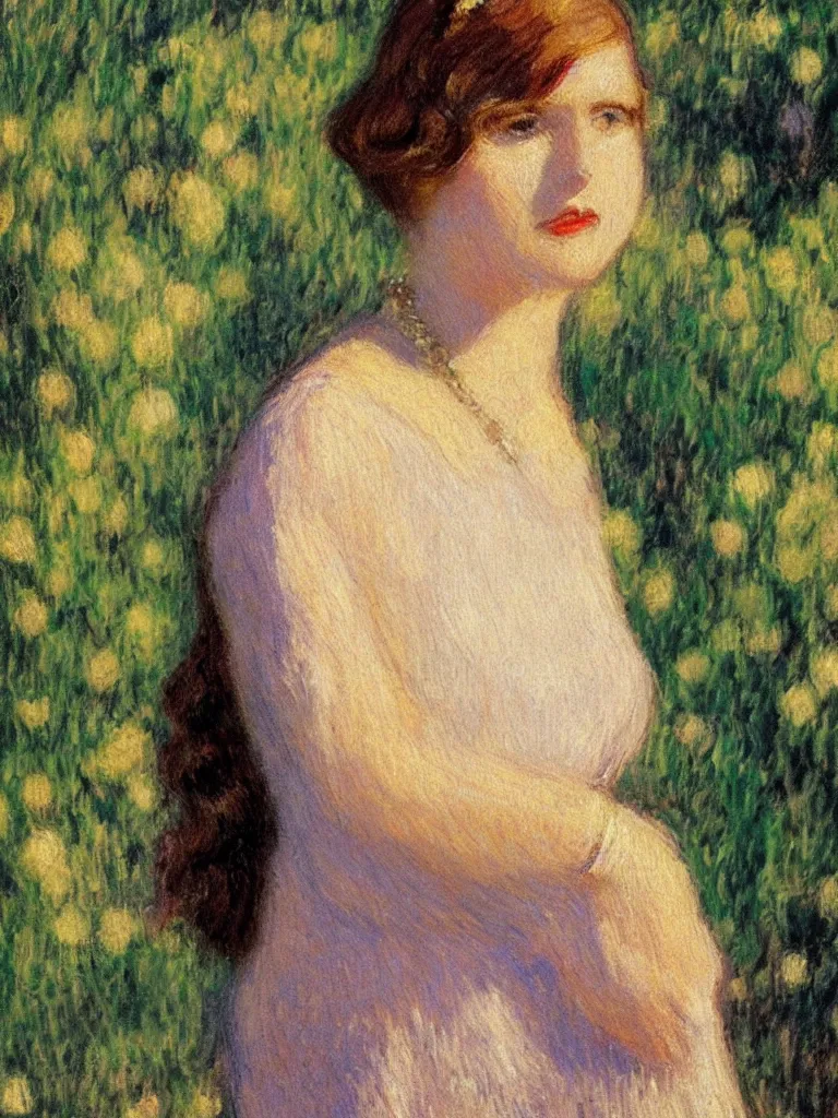 Image similar to portrait of < zelda fitzgerald > as a beautiful young lady wearing 1 9 2 0 s fashion, blurry face, brown hair, slim, fair, severe out of focus, depth of field, pleinairism, in the sun, backlit, closeup, oil on canvas, atr by monet, in the style of le promenade, smooth, impressionnisme, 8 k