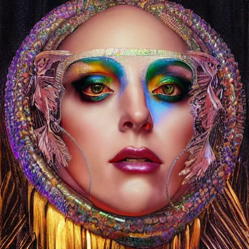 Prompt: close - up renaissance portrait of an iridescent art deco lady gaga, reflective detailed textures, highly detailed fantasy science fiction painting by moebius, norman rockwell and william holman hunt. modern industrial shaman, rich colors, high contrast. artstation