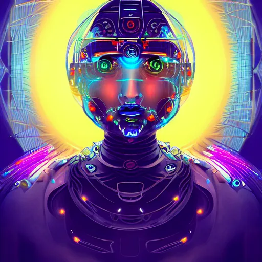 Image similar to portrait of a future metaverse cyborg tech shaman warrior, 2D cartoon, visionary art, symmetric, Magick symbols, holy halo, shipibo patterns, sci-fi, concept art, trending on art station