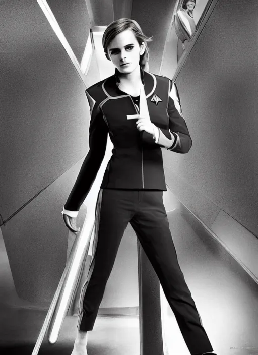 Prompt: photo of a gorgeous Emma Watson in Stark Trek Next Generation uniform by Mario Testino, detailed, full body shot, award winning, Sony a7R