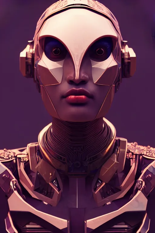 Image similar to beautiful portrait of friendly attractive alien cyborg, style of Feng Zhu, Artstation geometric, aesthetic, smooth skin, unique features, symmetrical, intricate crown, high fashion, streetwear, cyberpunk, detailed, octane render, cinematic, 8k, purple skin, brown skin